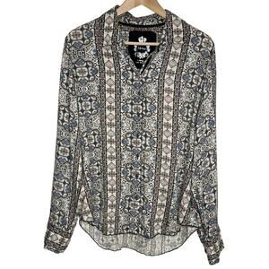 Cino Womens Long Sleeve Button Up Top Womens XL Floral Geometric Print Roll Tab